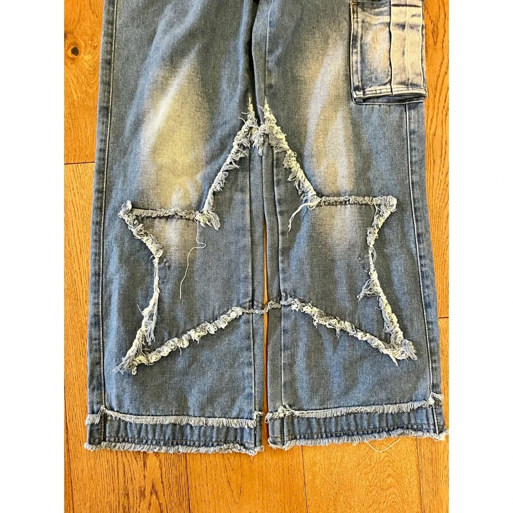 YASUYUAN Men's Blue Wide-Leg Denim Jeans Distressed Fringe Cotton Polyester 30 - Picture 6 of 15